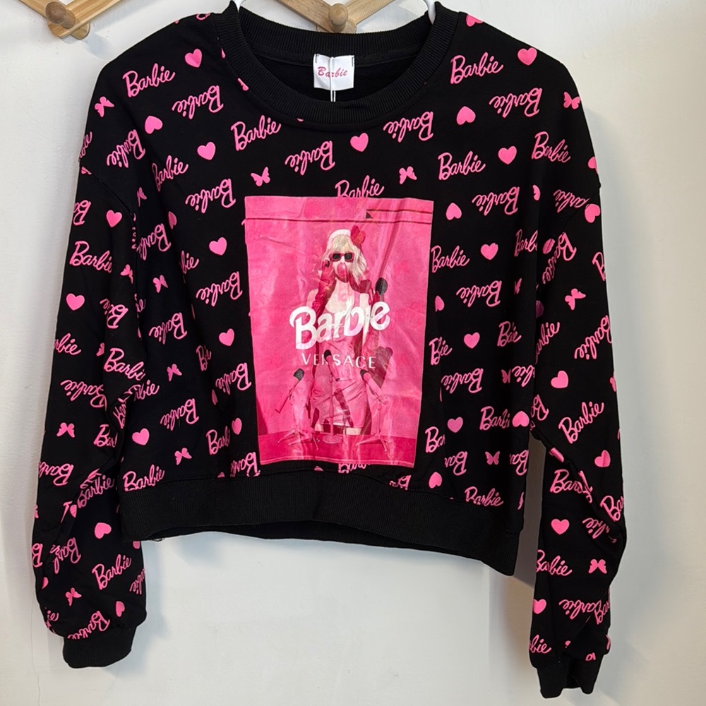 Barbie Pink Heart Crew Neck Sweater Black and Pink